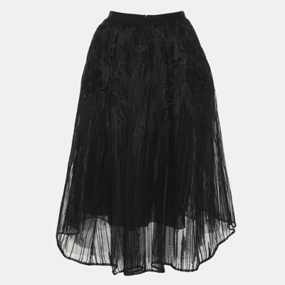 Pre-owned Elie Saab Black Floral Tulle Midi Skirt Xs