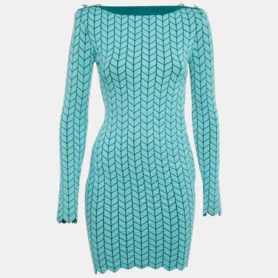 Pre-owned Elisabetta Franchi Blue Patterned Stretch Knit Scallop Hem Bodycon Dress S