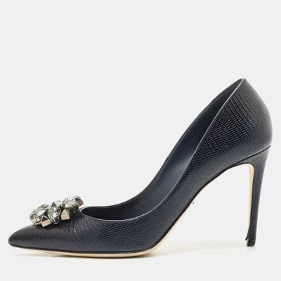 Pre-owned Dolce & Gabbana Navy Blue Lizard Embossed Leather Bellucci Crystal Embellished Pumps Size 40