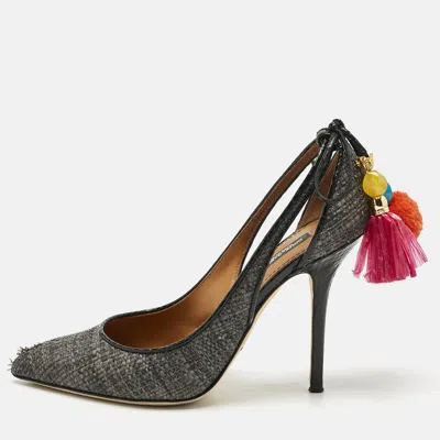 Pre-owned Dolce & Gabbana Black Raffia Pom Pom Detail Tie Up Pumps Size 37 In Gray