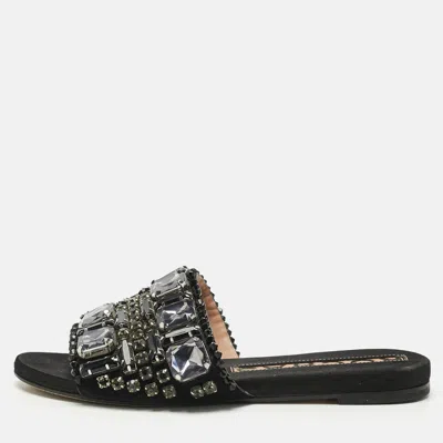Pre-owned Rochas Black Suede And Velvet Crystal Embellished Flat Slides Size 40