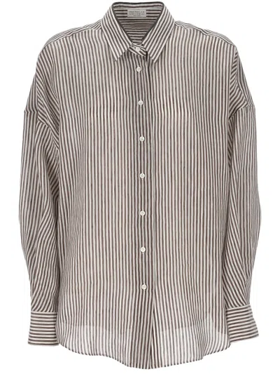 Brunello Cucinelli White Brown Striped Shirt In Brown
