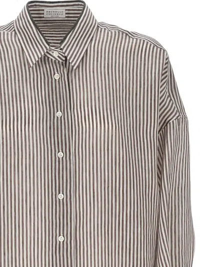 Brunello Cucinelli White Brown Striped Shirt In Brown