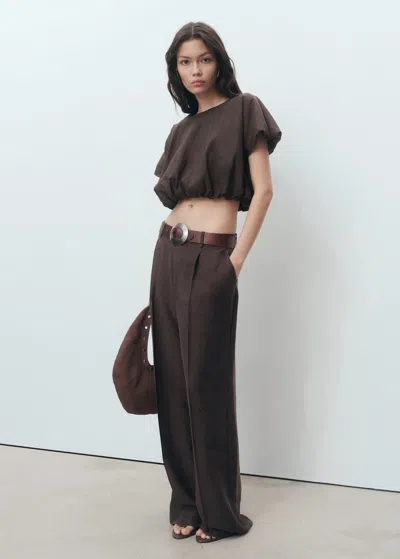 Mango Blouse En Ramie Crop Globe Marron - Femme - S -
