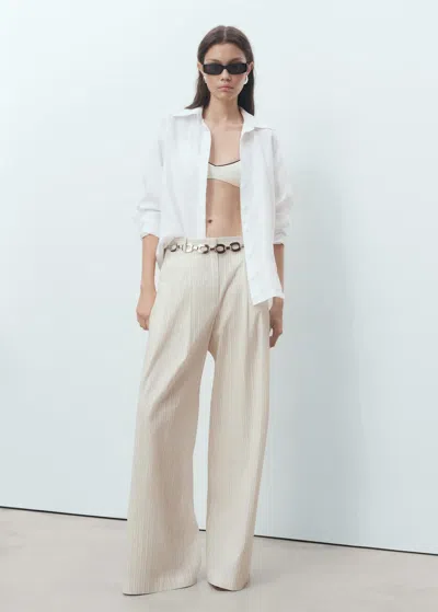 Mango Pantalon En Coton Wideleg À Rayures Gris Clair/pastel - Femme - 44 -