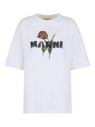 Marni White Cotton T-shirt With Tulip Print Women In White