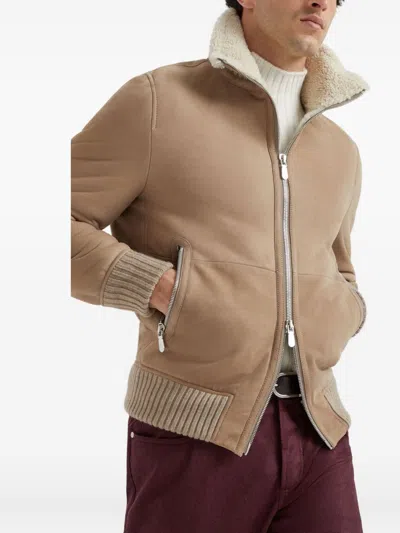 Brunello Cucinelli Bomber Jacket With Shearling Collar And Ribbed Finish In Brown