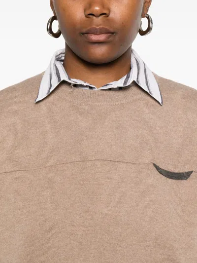Brunello Cucinelli Crewneck Cashmere Sweater Pocket Detail In Neutral