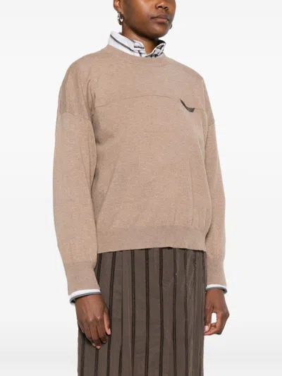 Brunello Cucinelli Crewneck Cashmere Sweater Pocket Detail In Neutral