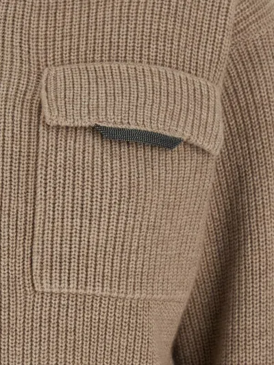 Brunello Cucinelli Beige Cardigan With Spread Collar And Monil Detail On The Front In Cashmere Woman In Brown