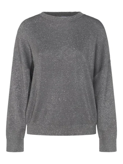Brunello Cucinelli Metallic Ribbed Crewneck Knitwear With Long Sleeves