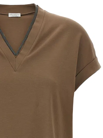 Brunello Cucinelli Women Cotton V-necked T-shirt In Brown