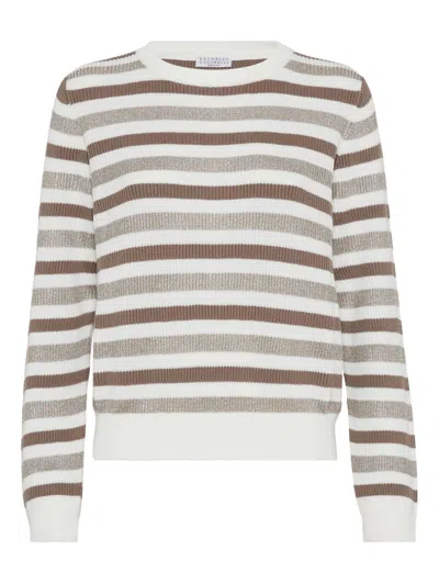 Brunello Cucinelli Women Striped Cotton Crewneck Sweater In Multi