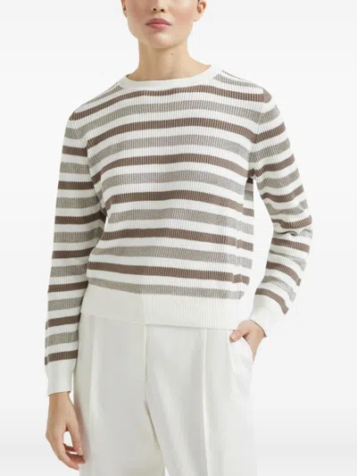 Brunello Cucinelli Women Striped Cotton Crewneck Sweater In Multi