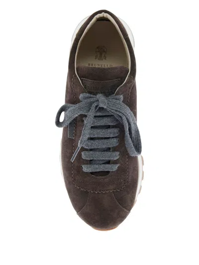 Brunello Cucinelli Brown Low Top Sneakers With Monil Detail On The Side And Embossed Logo Lettering On The Rear In Leat