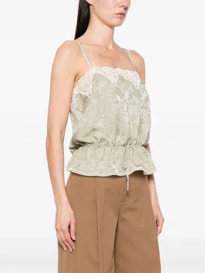Chloé Silk Top With Drawstring Waist And Floral Pattern In Green