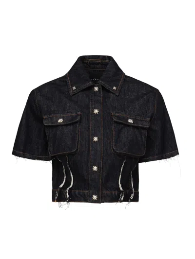John Richmond Short Sleeves Denim Shirt In Midnight Blue In Black