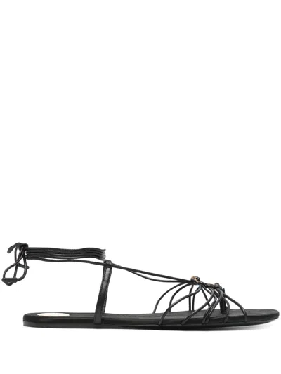 Saint Laurent Black Sandals With Cassandre Logo And Laces Around The Ankle In Leather Woman