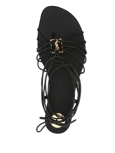 Saint Laurent Black Sandals With Cassandre Logo And Laces Around The Ankle In Leather Woman