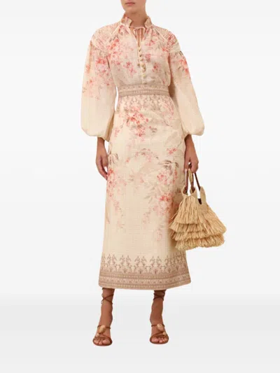 Zimmermann Women Pink Linen Illuminate Midi Pencil Skirt