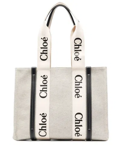 Chloé Chloè Woody Medium Canvas Tote In White