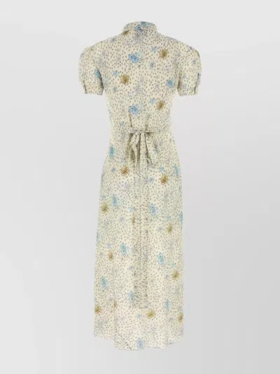 Miu Miu Silk Dress With Floral Print And Tie Waist In Multi