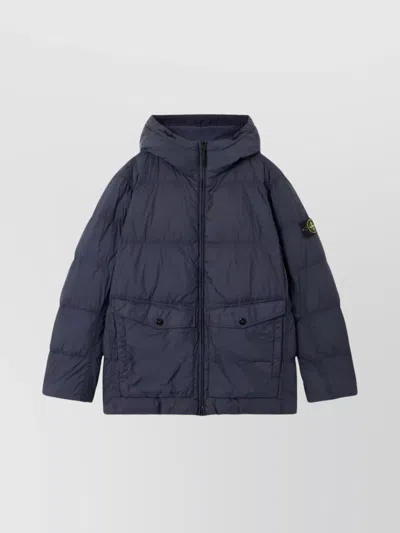 Stone Island Blue Down Jacket With Drawstring Hood And Logo Patch On The Sleeve In Tech Fabric Man In Blue