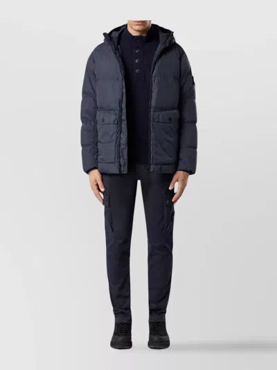 Stone Island Blue Down Jacket With Drawstring Hood And Logo Patch On The Sleeve In Tech Fabric Man In Blue