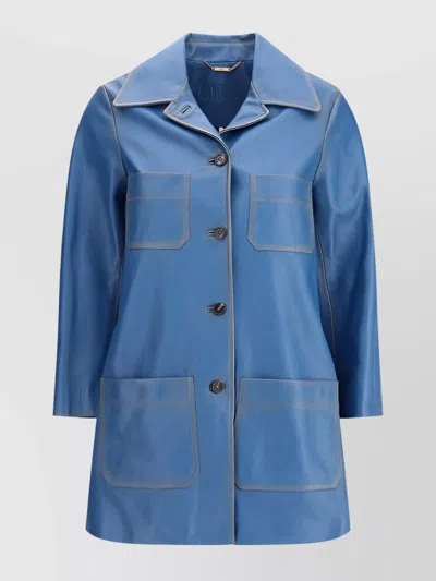 Chloé Cowhide Leather Coat With Patch Pockets In Blue