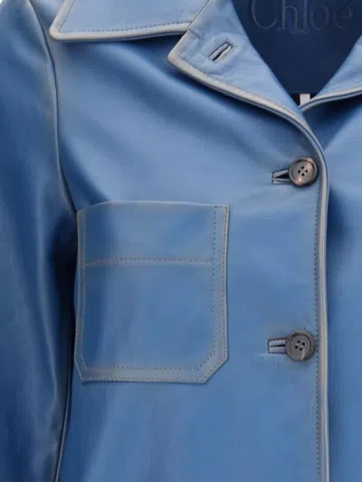 Chloé Cowhide Leather Coat With Patch Pockets In Blue