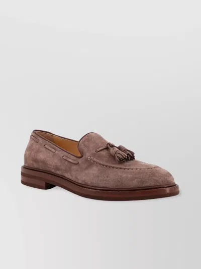 Brunello Cucinelli Tassel Detail Suede Loafers With Stacked Heel In Brown