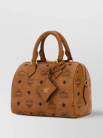 Mcm Canvas Printed Handbag With Detachable Tag And Top Handles