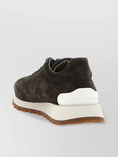 Brunello Cucinelli Brown Low Top Sneakers With Monil Detail On The Side And Embossed Logo Lettering On The Rear In Leat