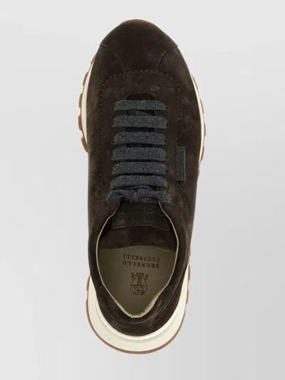 Brunello Cucinelli Brown Low Top Sneakers With Monil Detail On The Side And Embossed Logo Lettering On The Rear In Leat