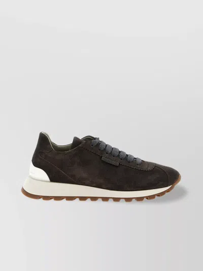 Brunello Cucinelli Brown Low Top Sneakers With Monil Detail On The Side And Embossed Logo Lettering On The Rear In Leat