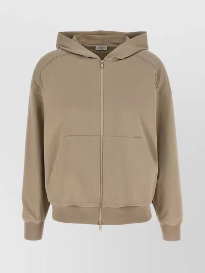 Brunello Cucinelli Hooded Kangaroo Pocket Top With Ribbed Cuffs In Brown