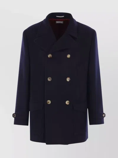 Brunello Cucinelli Double-breasted Wool Coat With Peak Lapels In Blue