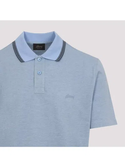 Brioni Striped Edge Polo Shirt In Cotton In Blue