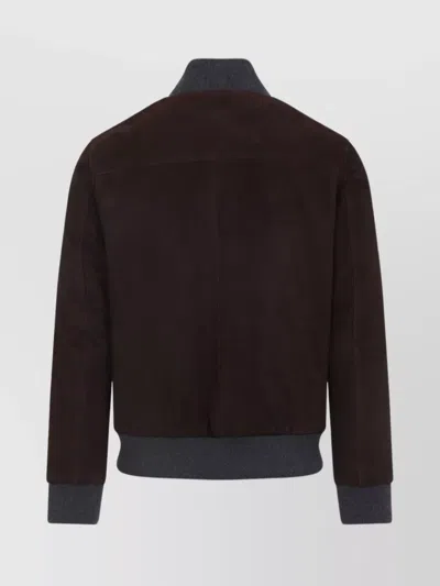 Brioni Ribbed Collar Bomber With Side Pockets In Brown