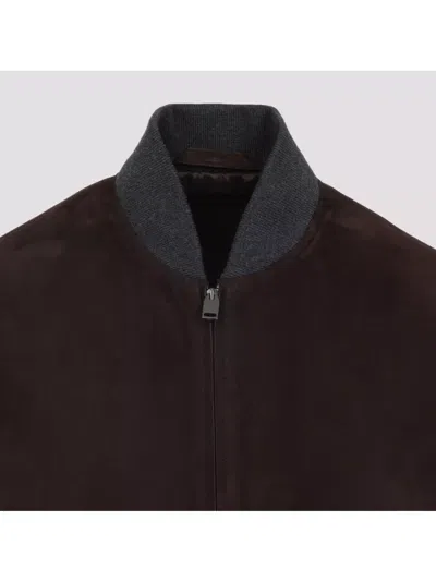 Brioni Ribbed Collar Bomber With Side Pockets In Brown