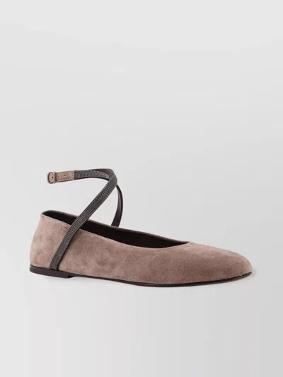 Brunello Cucinelli Suede Ballerinas With Monili Detail In Brown