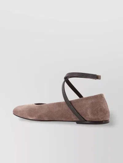 Brunello Cucinelli Suede Ballerinas With Monili Detail In Brown