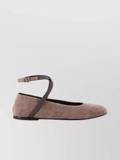 Brunello Cucinelli Suede Ballerinas With Monili Detail In Brown