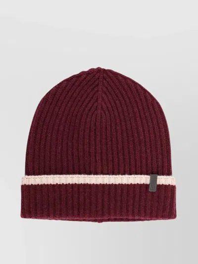 Brunello Cucinelli Cashmere Hat Monili Detail Fold Ribbed Knit In Burgundy