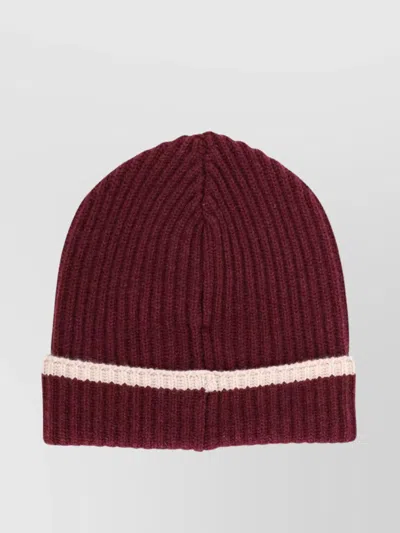 Brunello Cucinelli Cashmere Hat Monili Detail Fold Ribbed Knit In Burgundy
