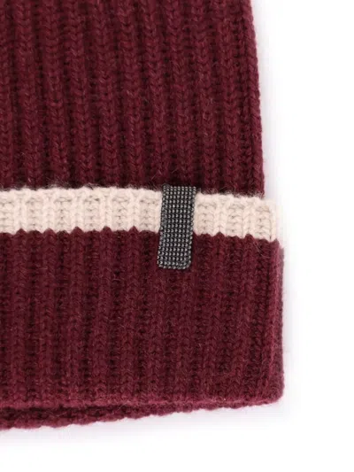 Brunello Cucinelli Cashmere Hat Monili Detail Fold Ribbed Knit In Burgundy