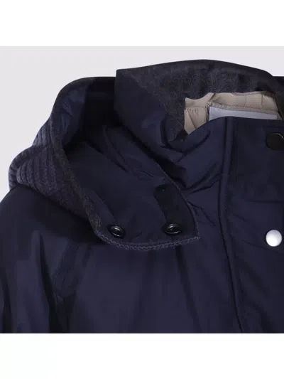 Brunello Cucinelli Puffer Jackets With Hood And Pockets In Blue