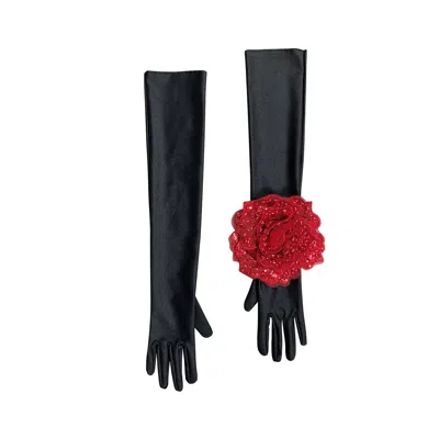 Toma Women's Black / Red Black Evening Chic Gloves With Red Sequin Rose