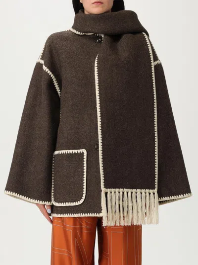 Totême Womens Chocolate Melange Embroidered-trim Scarf Wool-blend Jacket