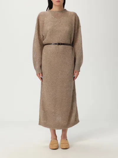 Brunello Cucinelli Hazelnut Color Midi Dress With Waist Belt